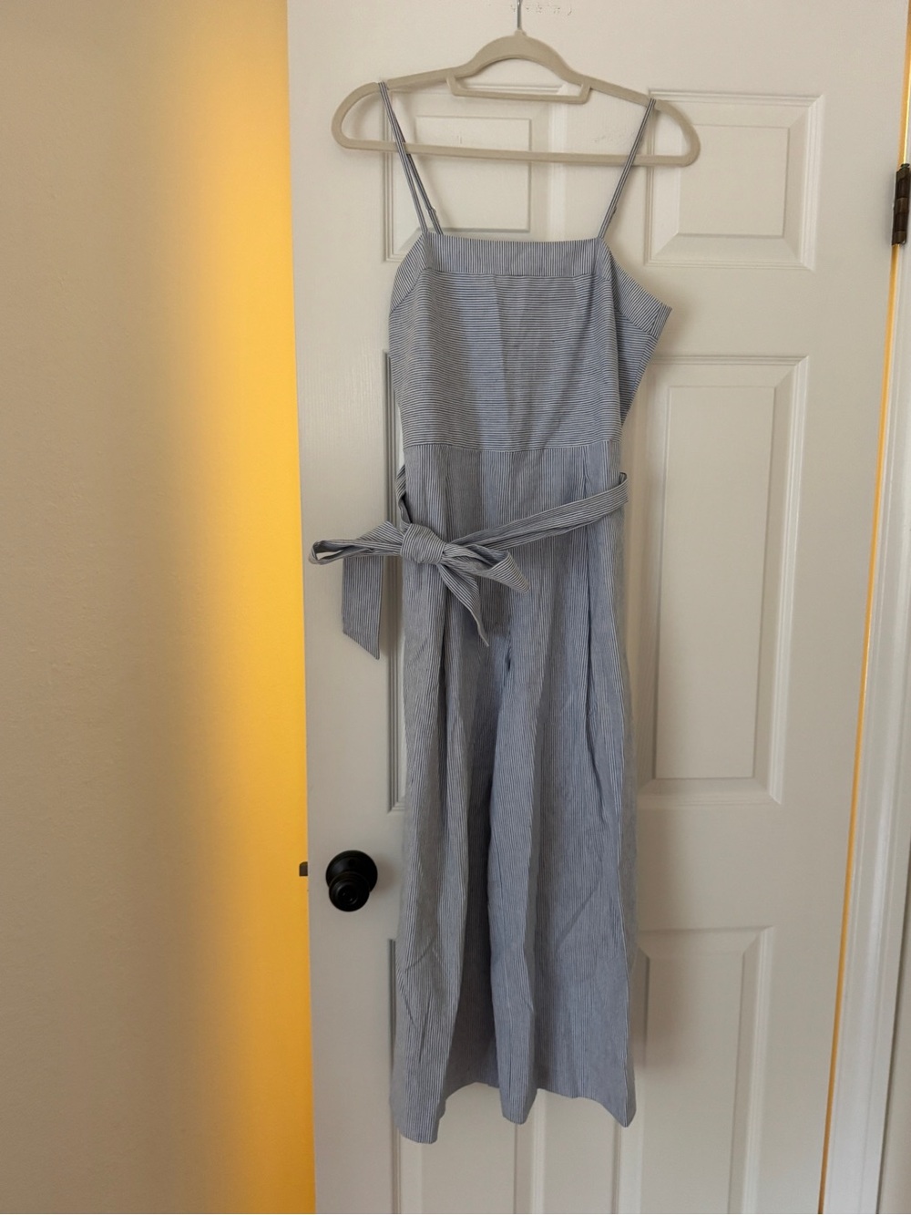 Light Blue Striped Spaghetti-Strap Summer Romper with Waist Tie